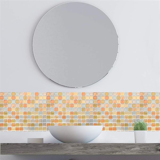 3D Mosaic Tile Sticker Removable Wallpaper Tile Yellow, 3D Self Adhesive Wall Tiles Bathroom Wall Tiles for Kitchen Backsplash Yellow, PVC Square Decorative Vinyl Tile Decals, 4 Sheets