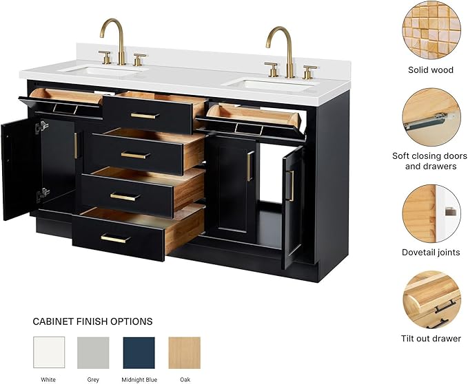 ARIEL Hepburn 66-inch Bathroom Vanity with Sink,Solid Wood, 1.5-inch Pure White Quartz Countertop & Backsplash, Double Rectangular Porcelain Sink, 4 Soft Closing Doors, 6 Dovetail Drawers, Black