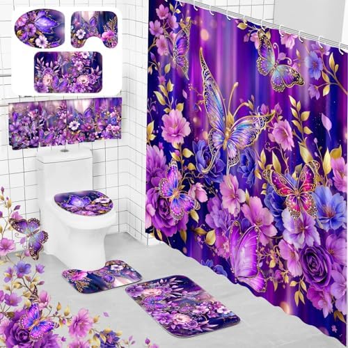FuWeave 8 Pcs Purple Butterfly Shower Curtain Set for Bathroom Decor Include Elegant Purple Floral Shower Curtain Butterfly Towels Non Slip Rugs Toilet Lid Cover Bath Mat and 12 Hooks