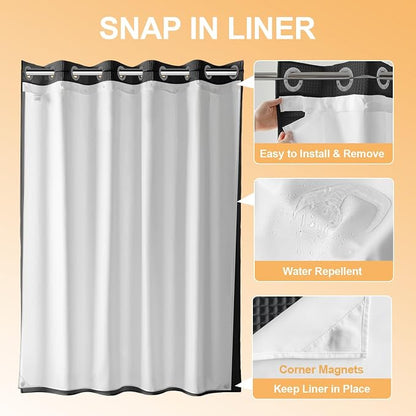 River Dream Cotton Blend No Hook Shower Curtain with Liner, Black, 71x74 | with Snap in Liner, Heavyweight Waffle Fabric, Hotel Grade for Bathroom, Water Repellent, Corner Magnets, Machine Washable