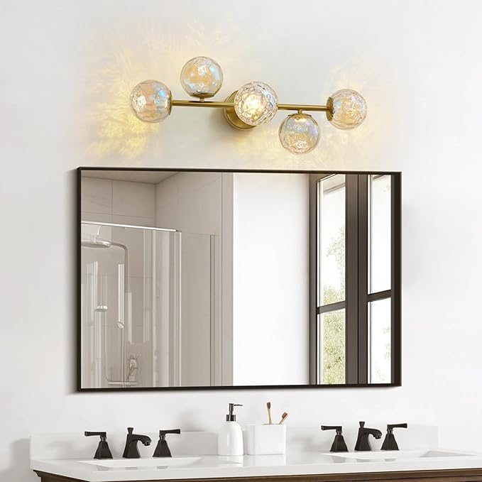 Gold LED Bathroom Vanity Light: 5-Light Stained Hammered Glass Colorful Globes Brass Vanity Lights Fixture over Mirror for Bath Room Makeup - Unique Mid Century Modern Brushed Gold Entryway Wall Light