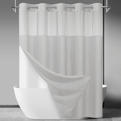 SORTTO No Hook Slub Shower Curtain with Liner, 71x74, Light Grey | Snap in Liner, 3 in 1, Bamboo Texture, Hotel Style, Waterproof Fabric, Mesh Top Window, Corner Magnets, Machine Washable