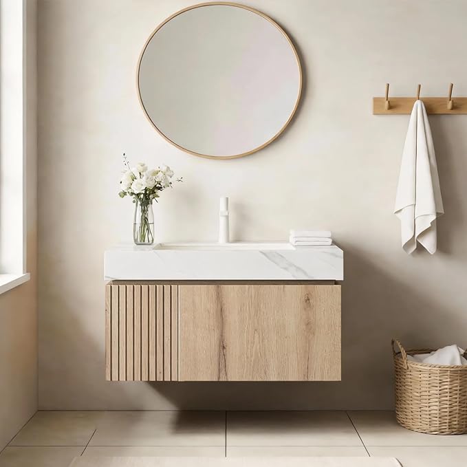 Ambrovina 30" Floating Bathroom Vanity with Sink, Wall Mount Storage Bathroom Vanities with Drawer and Door, Carrara White Sintered Stone Top and Ceramic Basin, Pre-Assembled Cabinet, Light Wooden