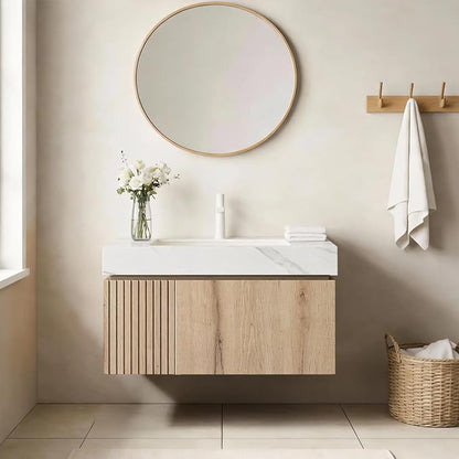 Ambrovina 30" Floating Bathroom Vanity with Sink, Wall Mount Storage Bathroom Vanities with Drawer and Door, Carrara White Sintered Stone Top and Ceramic Basin, Pre-Assembled Cabinet, Light Wooden