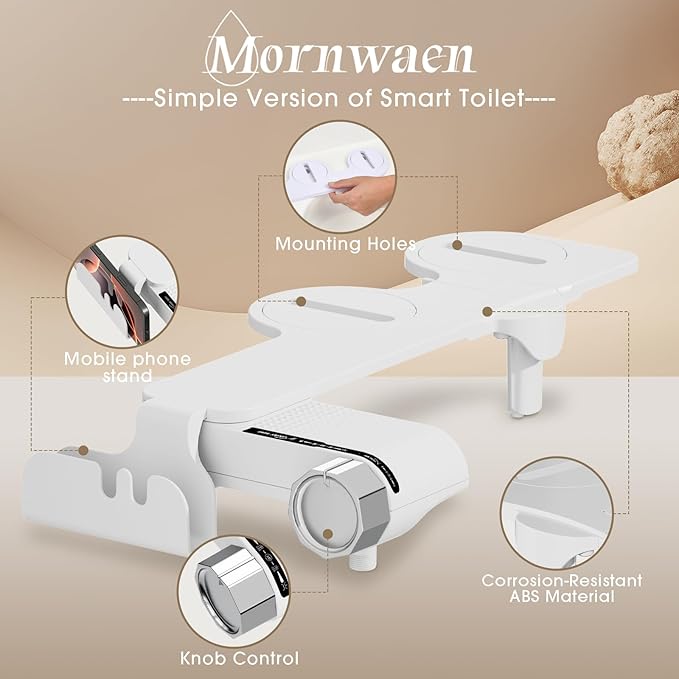 Bidet Attachment for Toilet with Phone Holder and Hook,Non-Electric Self-Cleaning Dual Retractable Nozzles,Adjustable Water Pressure for Rear and Feminine Wash