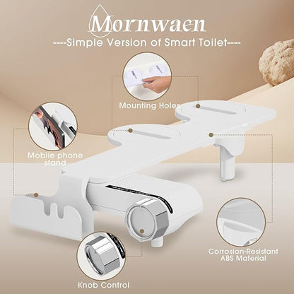 Bidet Attachment for Toilet with Phone Holder and Hook,Non-Electric Self-Cleaning Dual Retractable Nozzles,Adjustable Water Pressure for Rear and Feminine Wash