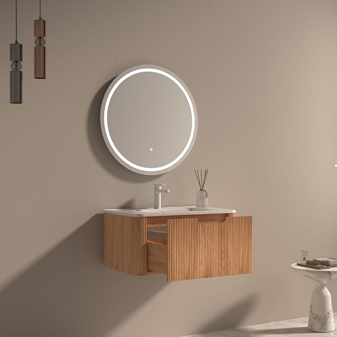 30'' Floating Bathroom Vanity with Sink, Wall Mounted Modern Bathroom Cabinet W/Curved Edges Stripes, Oak & Plywood, Pre-Assembled with Integrated Ceramic Basin – Havana, Natural Oak