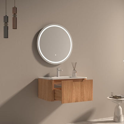 30'' Floating Bathroom Vanity with Sink, Wall Mounted Modern Bathroom Cabinet W/Curved Edges Stripes, Oak & Plywood, Pre-Assembled with Integrated Ceramic Basin – Havana, Natural Oak