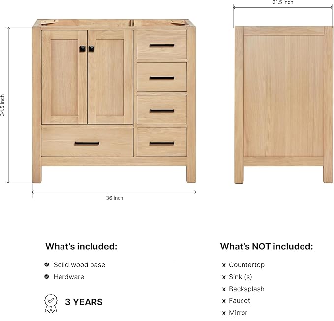 ARIEL Cambridge 36-inch Bathroom Vanity Base Cabinet,Solid Wood, 2 Soft Closing Doors, 5 Dovetail Drawers, White Oak