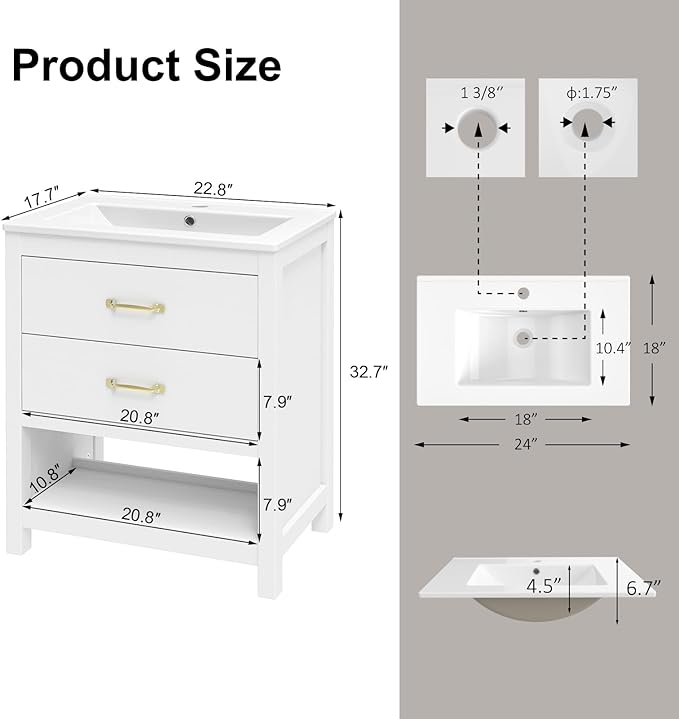 Bathroom Vanity with Sink 24 Inch, Modern Bathroom Cabinet Set with LED Light for Small Space, 2 Soft-Close Drawers with Organizer, Deep and Sloped Single Sink, Easy Assembly, White
