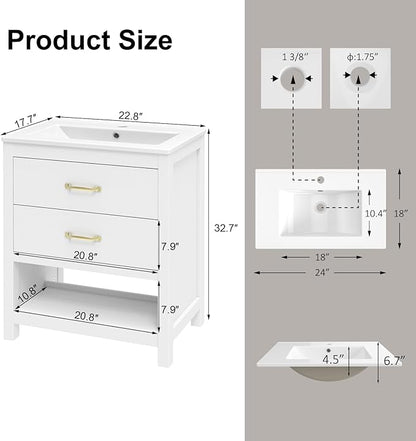 Bathroom Vanity with Sink 24 Inch, Modern Bathroom Cabinet Set with LED Light for Small Space, 2 Soft-Close Drawers with Organizer, Deep and Sloped Single Sink, Easy Assembly, White