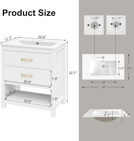 Bathroom Vanity with Sink 24 Inch, Modern Bathroom Cabinet Set with LED Light for Small Space, 2 Soft-Close Drawers with Organizer, Deep and Sloped Single Sink, Easy Assembly, White