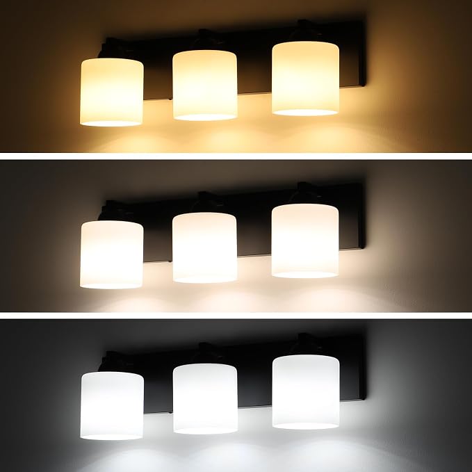 mirrea 3-Light Black Bathroom Vanity Light with White Glass Shades | Over Mirror,Wall Sconce,ETL listed,Bathroom Lighting Fixtures,Elegant Design,Milk White Glass Shade,Easy Installation