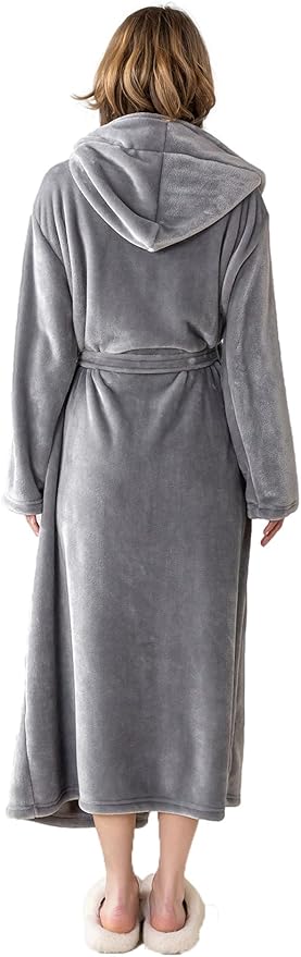 Robes for Women - Hooded Plush Fleece Bathrobe with Sash & Pockets, Full-Length Lightweight Spa Robe