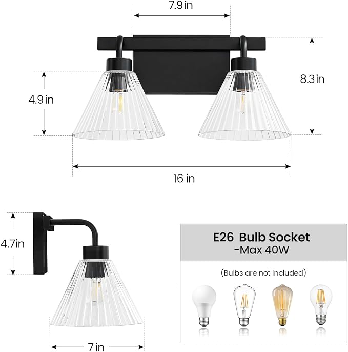 AIJIASI Bathroom Vanity Light 2-Light Modern Black Bathroom Light Fixtures Over Mirror with Ribbed Glass Shade, 16 Inch Vanity Lighting Fixtures for Bedroom Living Room Hallway