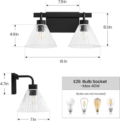 AIJIASI Bathroom Vanity Light 2-Light Modern Black Bathroom Light Fixtures Over Mirror with Ribbed Glass Shade, 16 Inch Vanity Lighting Fixtures for Bedroom Living Room Hallway