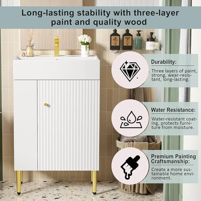 22" Small Bathroom Vanity with Sink, Morden Bathroom Vanities with Soft-Close Door and Open Shelf, Freestanding Narrow Vanity for Compact Space-Saving Bathrooms (White,22" Freestanding Left Shelf)