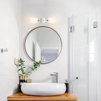 2-Lights Modern Wall Sconce White Cylinder Glass Shades Mid Century Bathroom Vanity Wall Light Fixtures Industrial Wall Lamp for Bedroom Mirror Living Room Restaurant(Chrome Color)