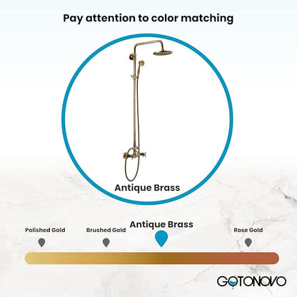 gotonovo Exposed Bathroom Shower Faucet Set Shower Fixture 8 Inch Rainfall Shower Head Handheld Shower Cross Handle Wall Mount 2 Functions Antique Brass