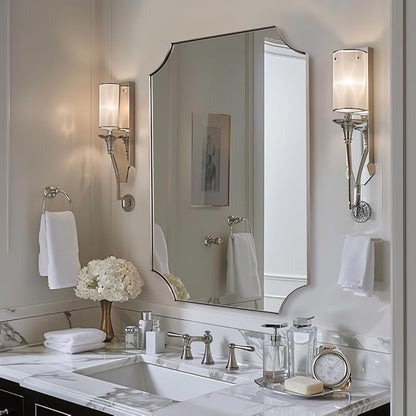 Brushed Nickel Scalloped Bathroom Mirror 22x30 Inch | Anti-Rust Stainless Steel Thin Frame, Scalloped Edges Design, Hangs Horizontally or Vertically, Ideal for Bathroom Remodel