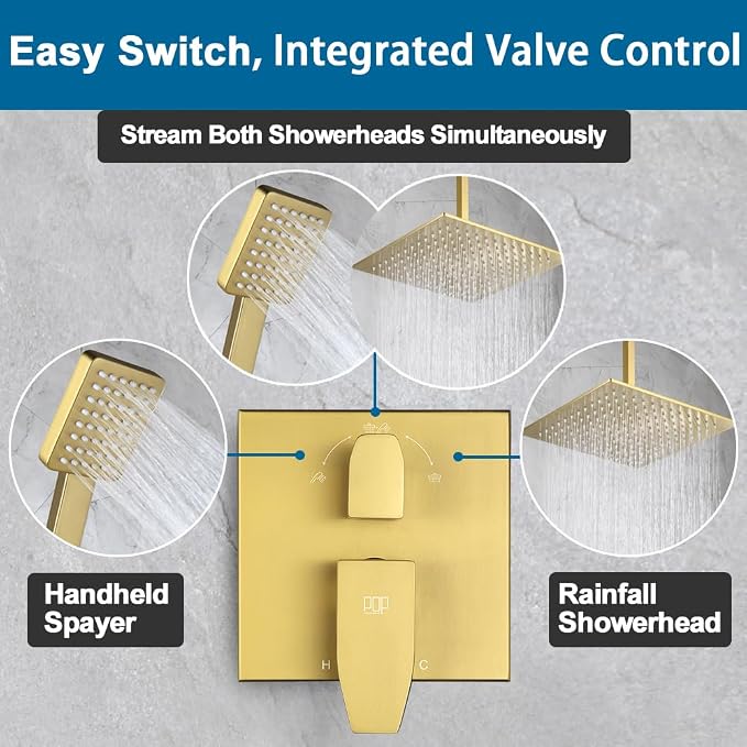 12 Inch Ceiling Mount Shower Faucet Set Brushed Gold Ceiling Rainfall Shower Head and Handle Set Bathroom Rain Shower System Include Shower Valve and Trim Kit