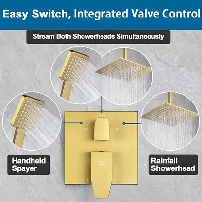 12 Inch Ceiling Mount Shower Faucet Set Brushed Gold Ceiling Rainfall Shower Head and Handle Set Bathroom Rain Shower System Include Shower Valve and Trim Kit