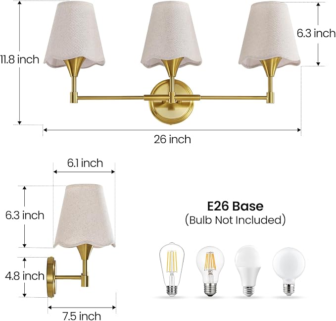 Gold Bathroom Vanity Light Fixtures: 3 Light Vanity Lighting Fixtures with Flared Fabric Shade, Brushed Gold Bathroom Lighting Fixture over Mirror, Wall Sconce Lights for Bedroom Hallway Living Room