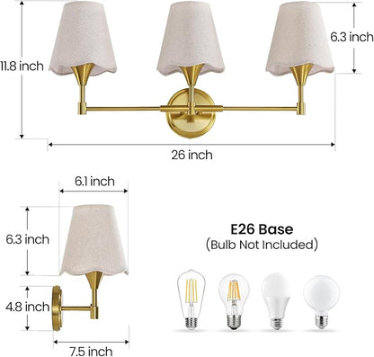 Gold Bathroom Vanity Light Fixtures: 3 Light Vanity Lighting Fixtures with Flared Fabric Shade, Brushed Gold Bathroom Lighting Fixture over Mirror, Wall Sconce Lights for Bedroom Hallway Living Room