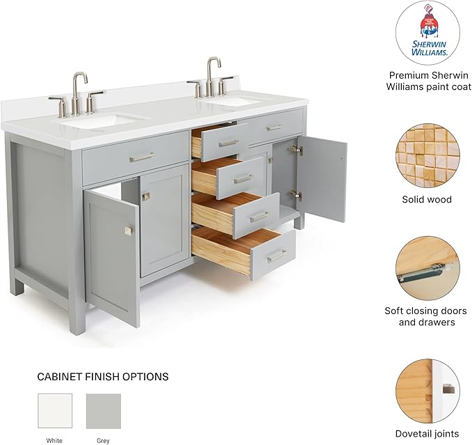 DKB Alenza 72 Inch Bathroom Vanity Double Sink — Grey Bathroom Vanity with Sink, 1.5" Edge Pure White Quartz Countertop & Backsplash, 4 Soft-Close Doors, 4 Dovetail Drawers