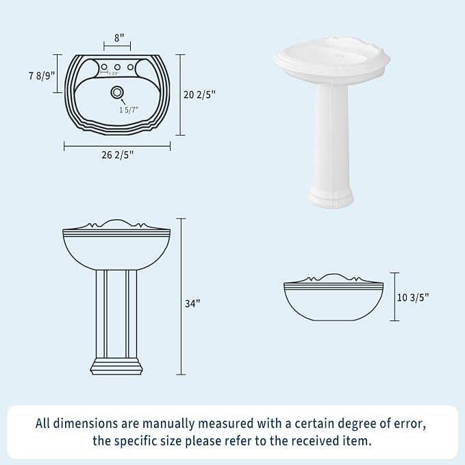 20" x 26" Vintage White Ceramic Pedestal Sink – Classic Freestanding Bathroom Sink with Overflow, 3 Pre-Drilled Holes for 8" Widespread Faucet