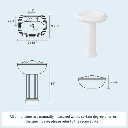 26" x 20" Pedestal Sink - White Ceramic Freestanding Vanity with Overflow Hole,Vintage White Bathroom Sink with 3 Pre-Drilled Holes for 8 Inch Faucets