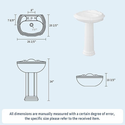 26"W x 20"D U-Shape Pedestal Sink, White Ceramic Pedestal Bathroom Sink with Overflow and 3 Pre-Drilled Holes, Modern Bath Pedestal Sink Combo