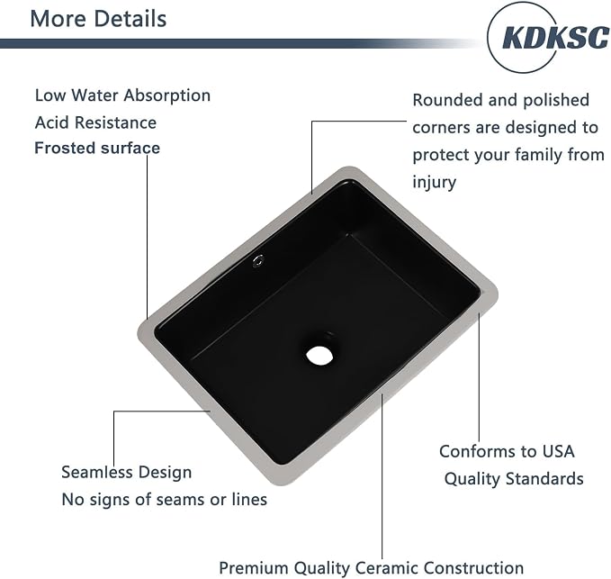18 Inch Undermount Bathroom Sink Black Rectangular with Overflow | Porcelain Ceramic Matte Black Vanity Basin (18.5"x14.0")