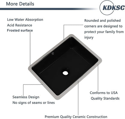 18 Inch Undermount Bathroom Sink Black Rectangular with Overflow | Porcelain Ceramic Matte Black Vanity Basin (18.5"x14.0")