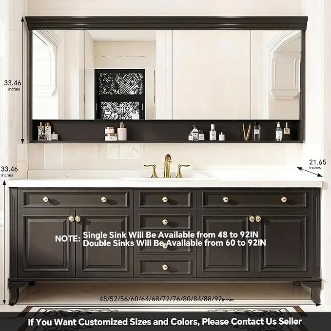 48-92IN Single/Double Sink Bathroom Vanity, Defogging Smart Mirror, Modern American Free Standing Vanity with Bathroom Cabinet
