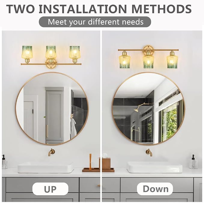 Modern 3-Light Glass Bathroom Light Over Mirror, Gold Vanity Light with Yellow Green Gradient Glass Shade, E26 Bathroom Vanity Light, for Kitchen, Hallway, Cabinet, Bedroom, Living Room