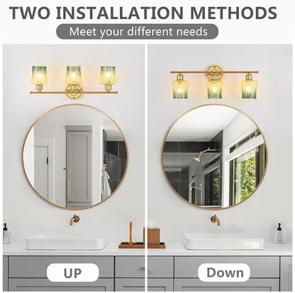 Modern 3-Light Glass Bathroom Light Over Mirror, Gold Vanity Light with Yellow Green Gradient Glass Shade, E26 Bathroom Vanity Light, for Kitchen, Hallway, Cabinet, Bedroom, Living Room