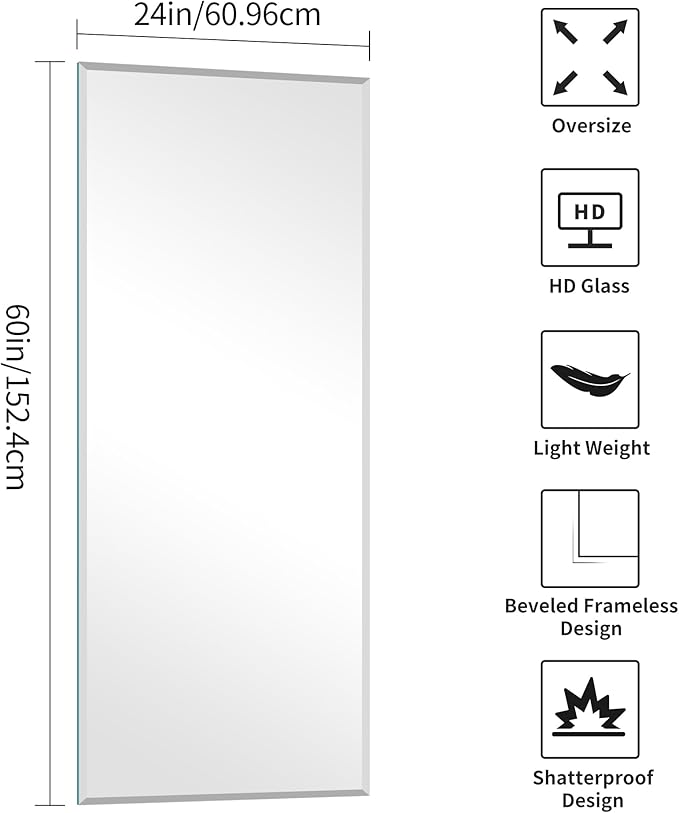 KOCUUY Beveled Mirror, 60x24 Inch Large Frameless Bathroom Mirror for Over Sink, Upgraded Shatterproof Beveled Unframed Design Mirror for Bathroom, Bedroom, Hang Horizontal/Vertical