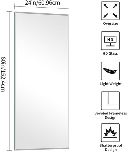 KOCUUY Beveled Mirror, 60x24 Inch Large Frameless Bathroom Mirror for Over Sink, Upgraded Shatterproof Beveled Unframed Design Mirror for Bathroom, Bedroom, Hang Horizontal/Vertical