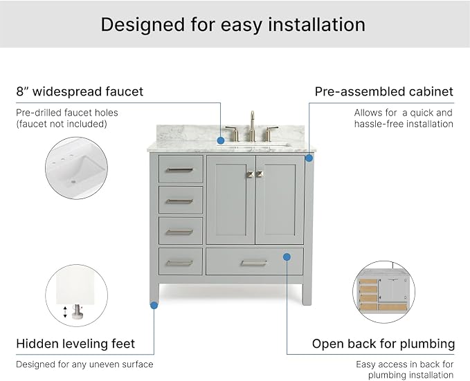 ARIEL Cambridge 36-inch Bathroom Vanity with Sink,Solid Wood, 0.75-inch Italian Carrara Marble Countertop, Single Rectangular Porcelain Sink, 2 Soft Closing Doors, 5 Dovetail Drawers, Grey