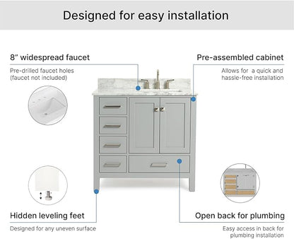 ARIEL Cambridge 36-inch Bathroom Vanity with Sink,Solid Wood, 0.75-inch Italian Carrara Marble Countertop, Single Rectangular Porcelain Sink, 2 Soft Closing Doors, 5 Dovetail Drawers, Grey