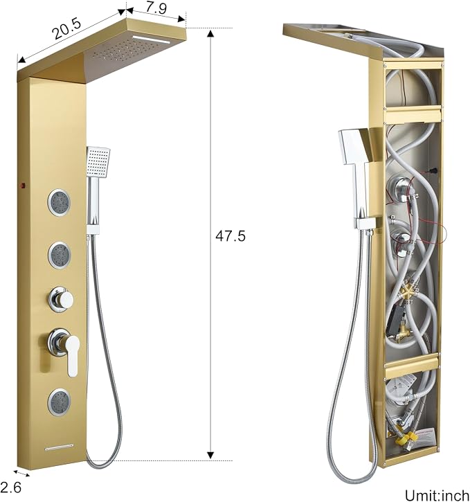 5-in-1 Shower Panel Tower System with LED Lights, 2-in-1 Body Massage, Rainfall, Waterfall,Handheld and Tub Spout, Stainless Steel Shower Column - Gold