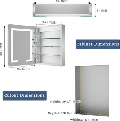 ExBrite LED Lighted Bathroom Medicine Cabinet with Mirror, 24 x 30 Inch, Recessed or Surface Mount, Anti-Fog, Stepless Dimming, Color Temperature Adjustment, 2 Outlets, Storage Shelves, Left Hinge