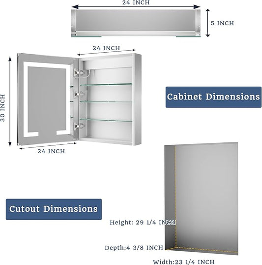 ExBrite LED Lighted Bathroom Medicine Cabinet with Mirror, 24 x 30 Inch, Recessed or Surface Mount, Anti-Fog, Stepless Dimming, Color Temperature Adjustment, 2 Outlets, Storage Shelves, Left Hinge