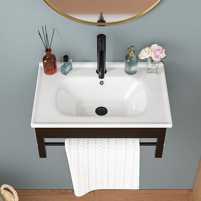 Sarlai Wall Hung Bathroom Vessel Sink with Towel Rack, 24x16 Inch Wall Mounted Rectangle Ceramic Bathroom Sink White Wash Modern Vanity Floating Basin