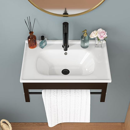 Sarlai Wall Hung Bathroom Vessel Sink with Towel Rack, 24x16 Inch Wall Mounted Rectangle Ceramic Bathroom Sink White Wash Modern Vanity Floating Basin