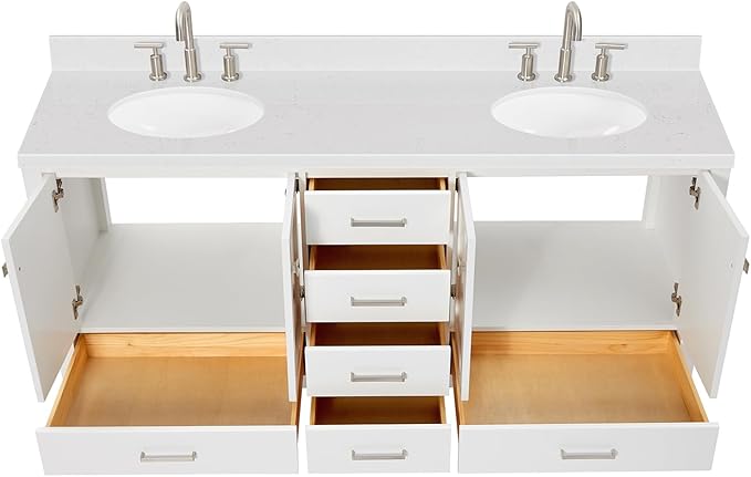 ARIEL Cambridge 72-inch Bathroom Vanity with Sink,Solid Wood, 1.5-inch Carrara White Quartz Countertop & Backsplash, Double Oval Porcelain Sink, 4 Soft Closing Doors, 6 Dovetail Drawers, White