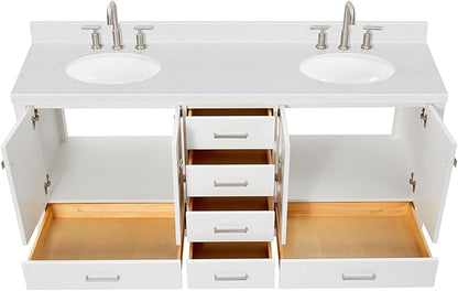 ARIEL Cambridge 72-inch Bathroom Vanity with Sink,Solid Wood, 1.5-inch Carrara White Quartz Countertop & Backsplash, Double Oval Porcelain Sink, 4 Soft Closing Doors, 6 Dovetail Drawers, White