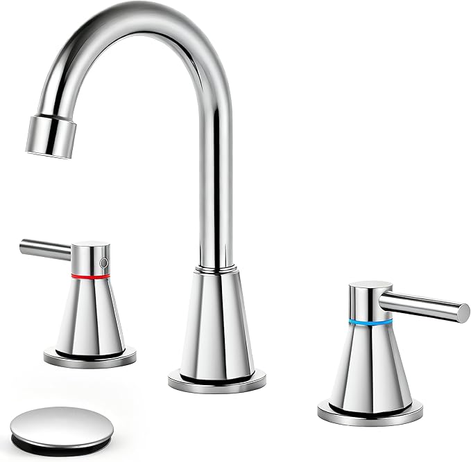 Bathroom Faucet 3 Hole,Chrome Bathroom Sink Faucet with 360°Swivel Spout, 8 inch Widespread 2 Handle Faucet for Bathroom Sink Vanity RV with Pop-up Drain Supply Line Stainless Steel