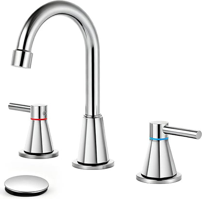 Bathroom Faucet 3 Hole,Chrome Bathroom Sink Faucet with 360°Swivel Spout, 8 inch Widespread 2 Handle Faucet for Bathroom Sink Vanity RV with Pop-up Drain Supply Line Stainless Steel